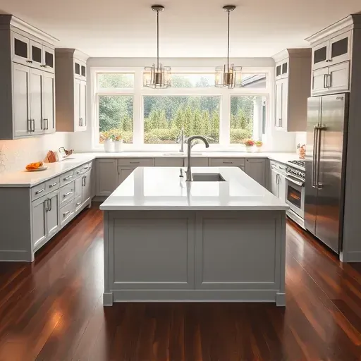 Landenberg PA home remodel showcasing a modern kitchen with polished marble island, gray cabinetry, and natural light.