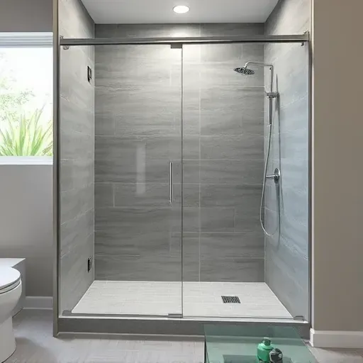 Completed modern walk-in shower in Landenberg PA with glass panels, chrome fixtures, grey stone tiles, and natural lighting