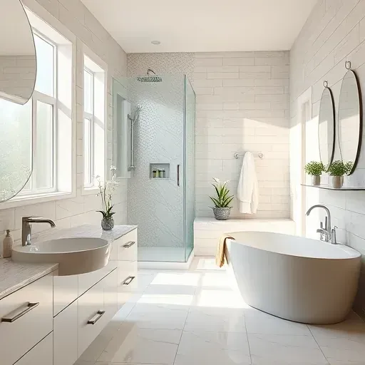 Remodeled bathroom in Landenberg PA featuring modern fixtures, glass shower, freestanding tub, marble countertops, and natural light.