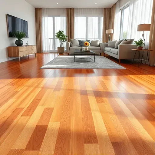 Freshly installed warm-toned hardwood floor with glossy finish in modern living room featuring rug, elegant furniture, large windows, and natural light