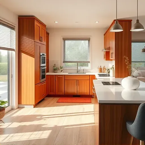 Stylish modern kitchen in Claymont DE with polished wood cabinets, quartz countertops, and natural light. Elegant design details.
