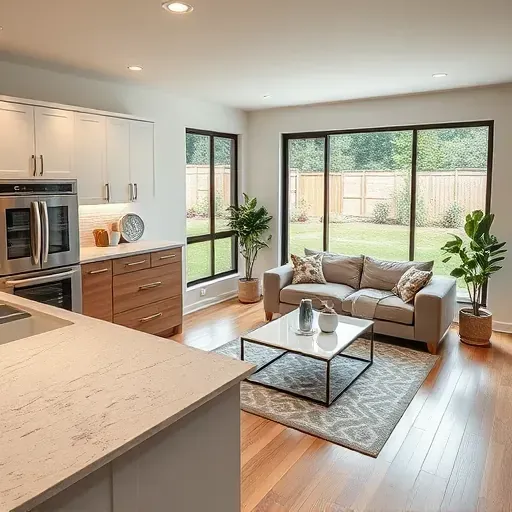 Modern kitchen remodel in Thorndale PA with quartz countertops, high-end appliances, and inviting living room decor.