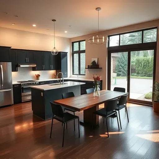 Cozy modern living space in Aston PA with stylish open-concept kitchen, dining area, and lush garden view.