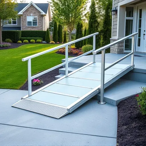 Completed aluminum wheelchair ramp installation in Landenberg PA with non-slip surfaces and secure handrails near a modern home