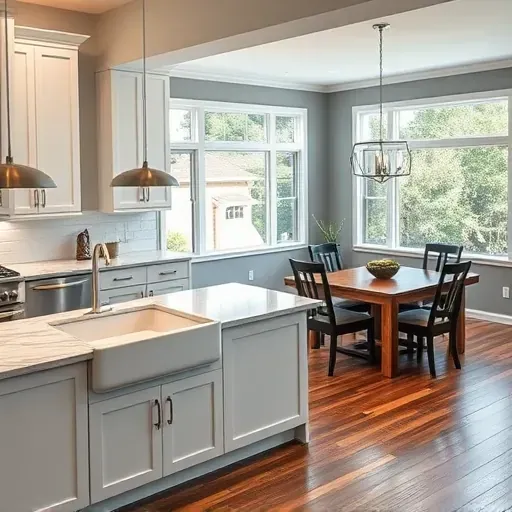 Elegant remodeled kitchen in Elsmere DE with modern cabinetry, quartz countertops, farmhouse sink, and open-concept dining area.