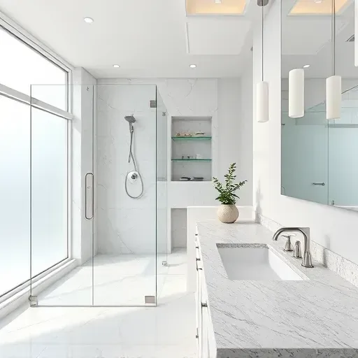 Newly remodeled bathroom in Landenberg PA with modern fixtures, walk-in shower, granite countertop, and elegant marble tiles.