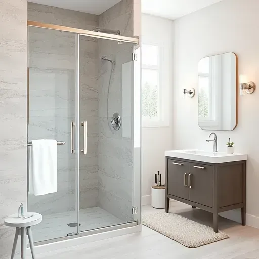 Modern bathroom with sleek glass shower door, chrome hardware, neutral stone tiles, minimalist vanity, and soft natural lighting