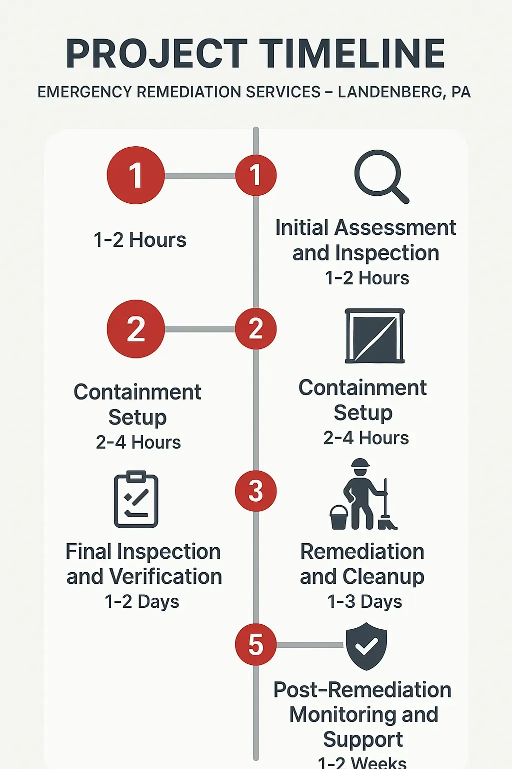 Infographic showing five-step project timeline for Emergency Remediation Services in Landenberg PA with clear visuals.