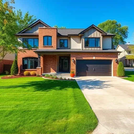 Renovated Landenberg PA home with modern brick and stucco facade, lush landscaping, and a stylish driveway under a blue sky