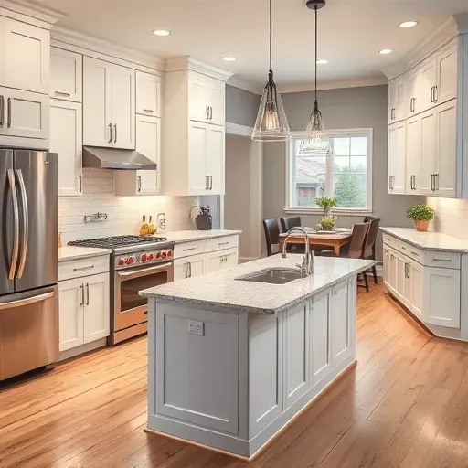Beautifully remodeled kitchen in Lincoln University PA with white cabinets, quartz island, and modern appliances.
