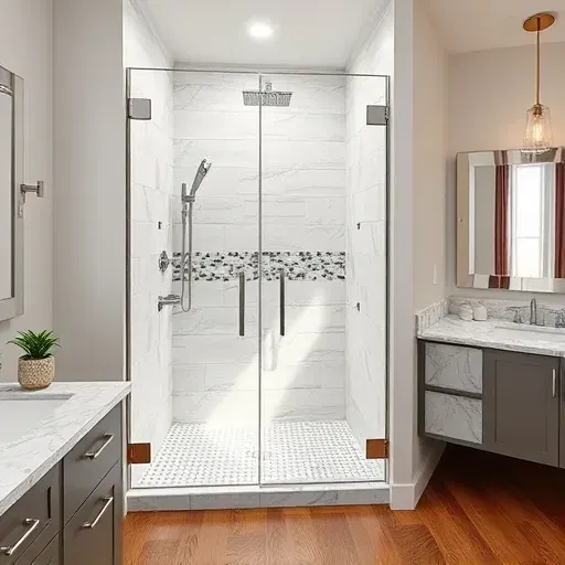Modern custom shower with glass enclosure, brushed nickel hardware, mosaic tile accents, rain showerhead, and elegant bathroom decor
