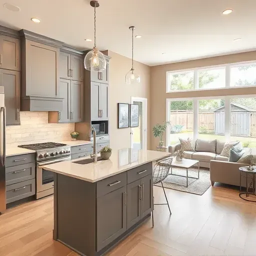 Modern kitchen remodeling in Bear DE features gray cabinetry, marble countertop, stainless steel appliances, and open layout.