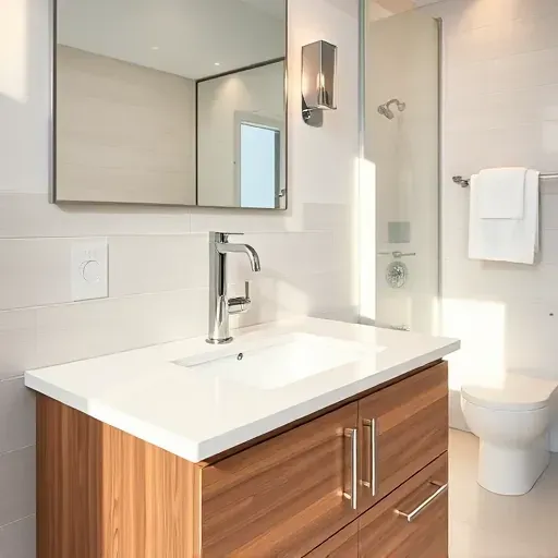 Recently installed modern wooden bathroom vanity with white countertop, chrome fixtures, mirror, and clean contemporary decor in Landenberg PA