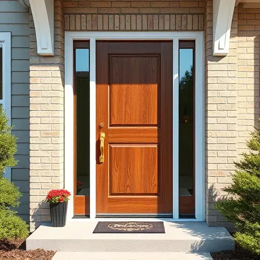 Modern wooden front door with brass handle on white frame in residential Landenberg PA with brick facade and landscaping