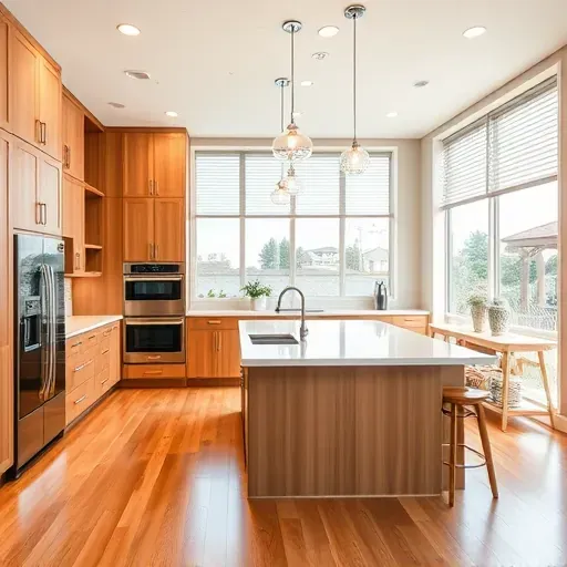 Bright renovated kitchen in Landenberg PA with modern wood cabinetry quartz countertops large island and stainless steel appliances
