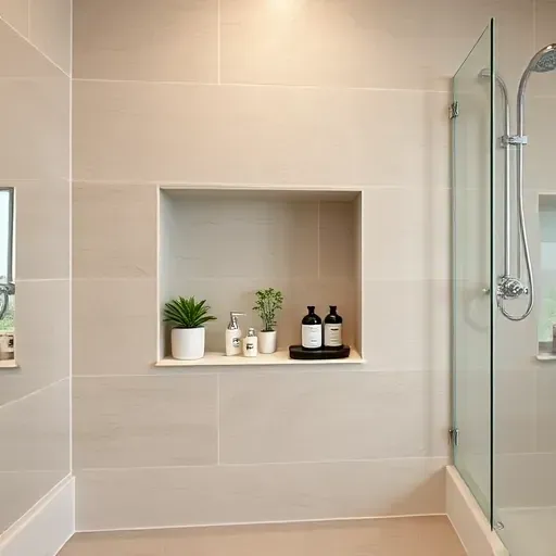 Modern bathroom with seamless tiled shower niche, neatly arranged toiletries, glass door, chrome fixtures, and clean design