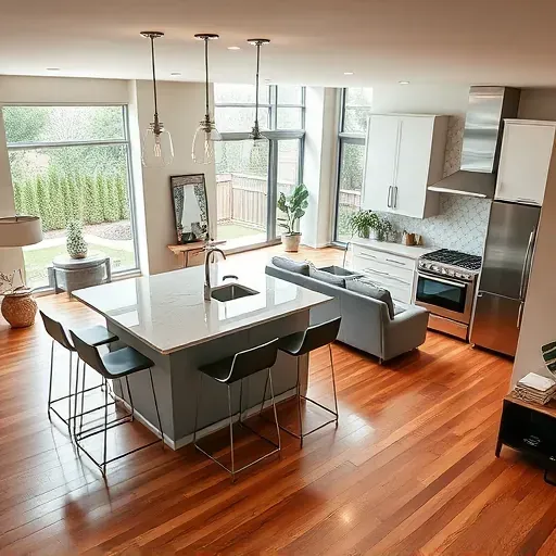 Modern kitchen in Phoenixville PA with sleek appliances, custom cabinetry, and quartz countertops in an open space.