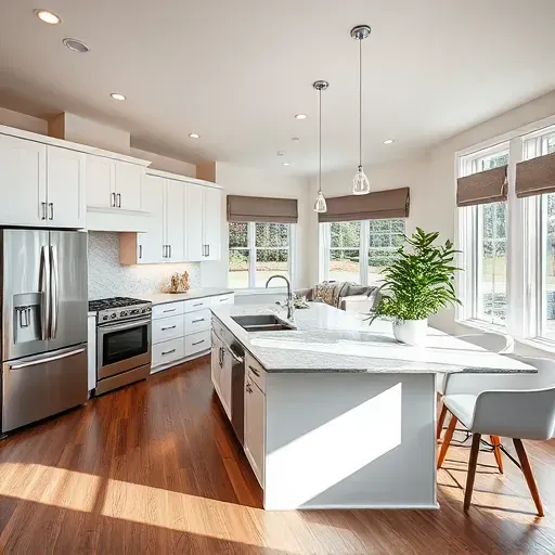 Modern kitchen in Brookhaven PA featuring white cabinetry, polished quartz island, and high-end appliances with inviting decor.