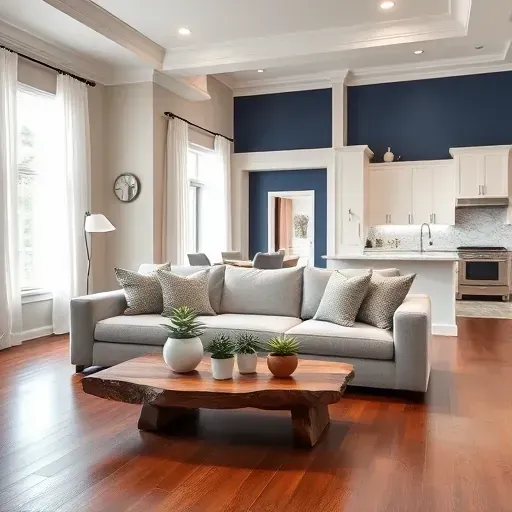 Elegant living room in Landenberg PA with deep navy accent wall, hardwood floors, and modern decor showcasing home remodeling.