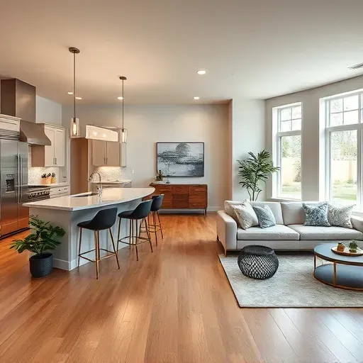 Completed home remodeling in Aston PA featuring a modern open concept living room and kitchen with stylish decor.