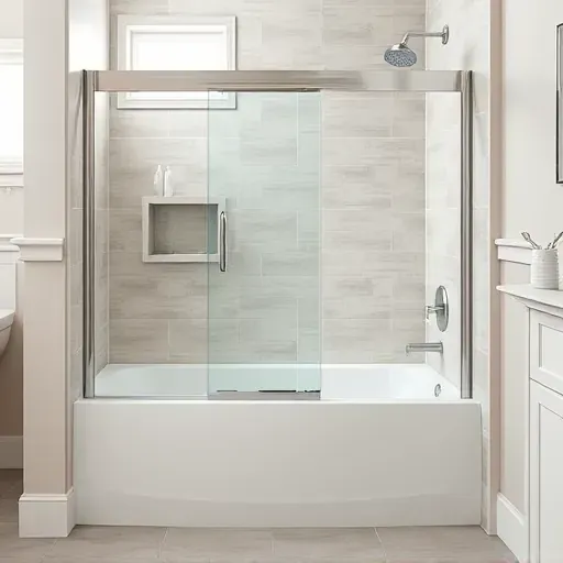 Pristine bathroom with a sleek glass shower, modern tiles, chrome fixtures, and natural light highlighting quality craftsmanship