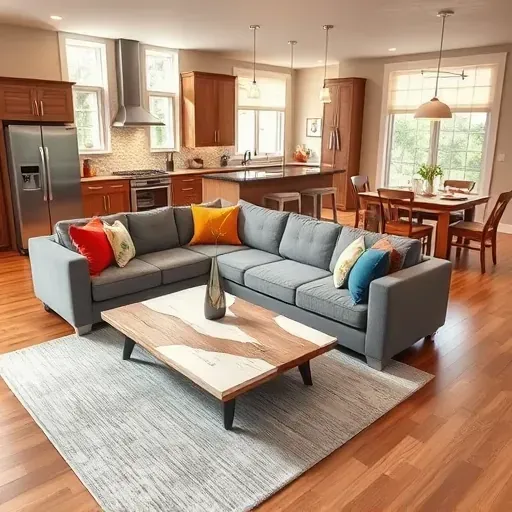 Modern open-concept living space in Phoenixville PA with stylish decor, natural light, and elegant kitchen design.