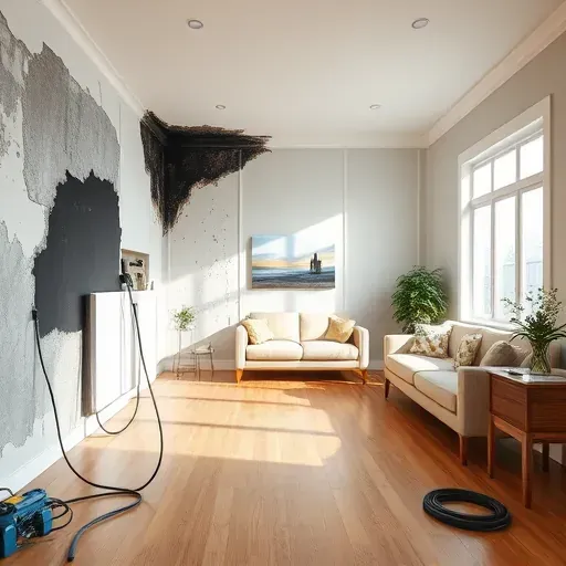 Cleaned and repaired fire damage interior with new drywall, restoration tools, and pristine furnishings in a well-lit modern home