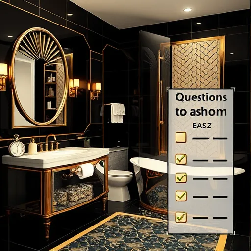 A luxurious bathroom scene rendered in elegant Art Deco style, featuring sleek geometric shapes, bold symmetrical patterns, and detailed ornamentation. The background showcases glossy black and gold tiled walls that shimmer under soft ambient lighting, highlighting opulence and modern design. A vintage-inspired vanity with mirrored accents and brass fixtures adds glamour, complemented by an artfully designed bathtub adorned with geometric mosaic tiles and a curved decorative privacy screen. Decorative elements include an ornate mirror with sunburst rays and fan motifs, emphasizing glamour and precision. Curved, contrasting lines guide the viewer’s eye, creating a sense of harmony and refinement. Quirky details such as a vintage stopwatch on a chrome countertop and a stylized gold-and-black checklist titled 'Questions to Ask' add playful charm. The scene is polished yet approachable, evoking confidence and professionalism with touches like a geometric patterned rug, elegant soap dispensers, and art deco wall sconces. The color palette features sumptuous gold, deep black, creamy white, and rich navy blue, reinforcing a sophisticated, lively atmosphere. This chic, inviting image captures the essence of a high-end bathroom upgrade, blending style, trust, and quirky personality—perfect for an engaging blog cover on bathroom renovation questions.