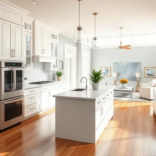 Spacious modern kitchen in Hockessin DE with white cabinets, quartz island, stainless steel appliances, and hardwood floors.