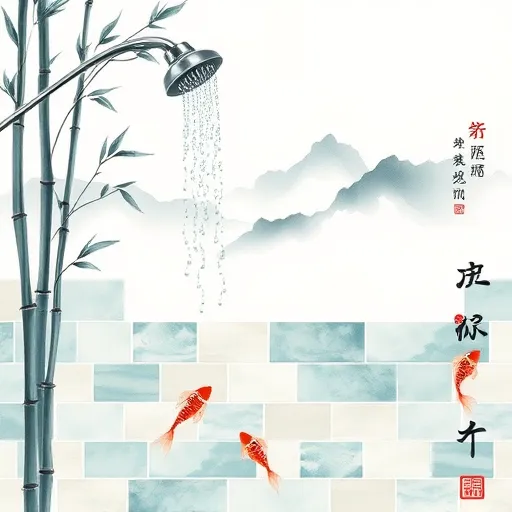 A tranquil scene rendered in traditional Chinese Brush Painting style illustrating the intricate process of shower tile installation. Delicate brushstrokes depict glossy ceramic tiles in shades of jade, aquamarine, and white, showcasing their smooth surfaces. Elegant bamboo stalks and wispy plum blossoms frame the composition, symbolizing craftsmanship and harmony. A flowing ink stream suggests the meticulous alignment of each tile, while a stylized showerhead with cascading water droplets adds a refreshing dynamic. Playful koi fish with subtly outlined scales swim among the tiles, adding whimsical charm. In the background, a misty mountainous landscape painted with soft ink washes creates a serene, meditative atmosphere. The color palette emphasizes cool blues, greens, and whites, highlighting natural hues and traditional artistry. Overall, the image combines artistic elegance and playful details to celebrate the beauty and precision of shower tile installation in a harmonious, traditional Chinese aesthetic.