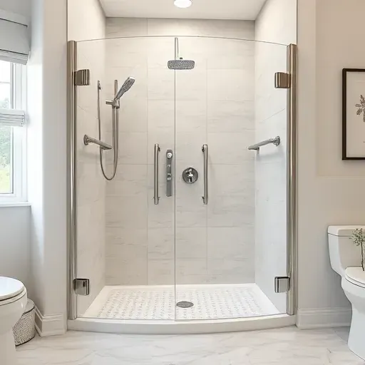 Handicap accessible modern shower with slip-resistant floors, grab bars, glass door, and natural lighting in a contemporary bathroom