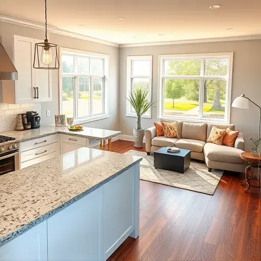 Modern kitchen and living area in Swarthmore PA, featuring granite countertops, custom cabinetry, and natural light.