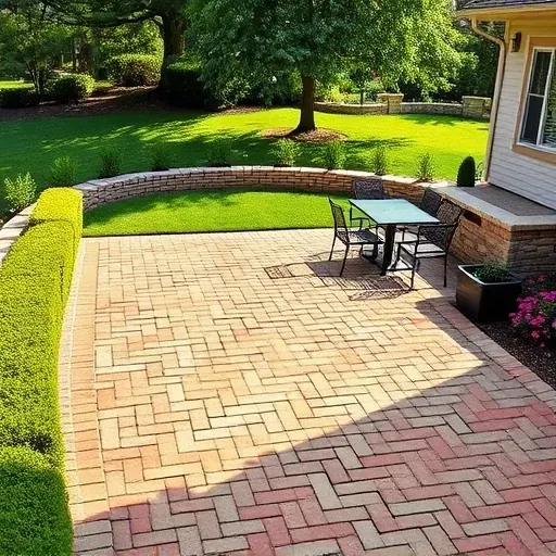 Landenberg PA paver patio with natural stone herringbone and rectangular patterns, greenery, flowers, and modern outdoor furniture