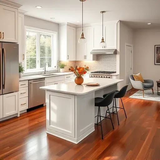 Renovated kitchen in Chester, PA with modern white cabinets, quartz island, stainless appliances, and natural light.