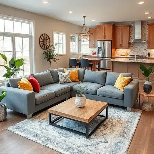Stylish Phoenixville living room with modern furniture, natural light, and elegant kitchen decor creates a cozy ambiance.
