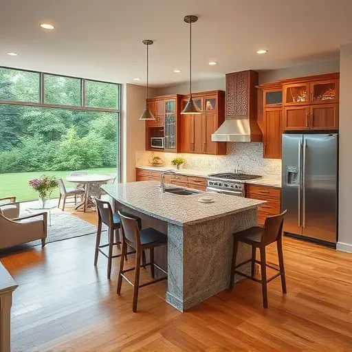 Modern kitchen in Exton PA with granite countertops, custom cabinetry, stainless steel appliances, and ambient lighting.
