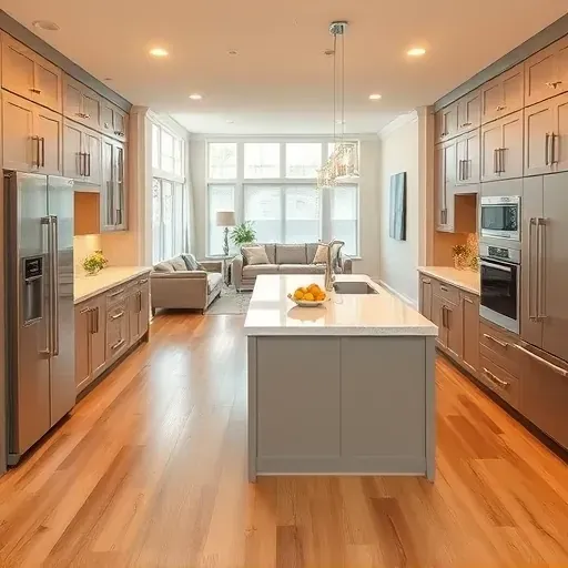 Modern kitchen remodel in New Castle DE with quartz countertops, custom cabinetry, polished hardwood floors, and spacious design.
