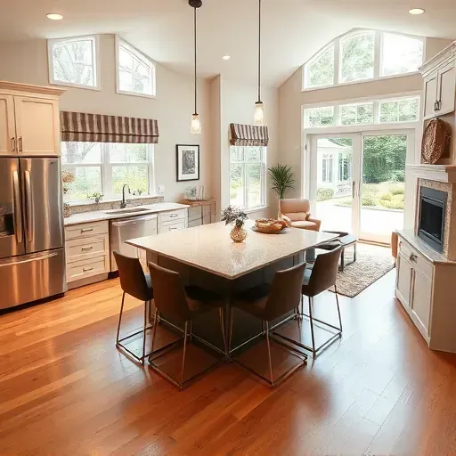 A beautifully renovated Exton PA kitchen with modern appliances, granite counters, and a cozy living area with fireplace.