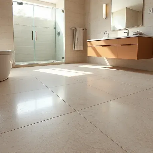 Finished bathroom flooring with large beige ceramic tiles, sleek glass shower, modern vanity, and natural light in Landenberg PA