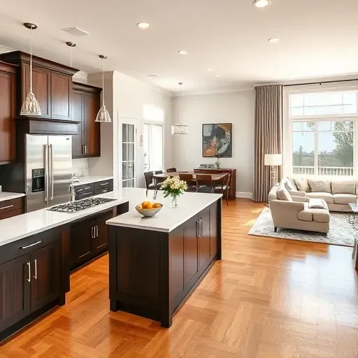 Modern kitchen remodel in Delaware County PA with dark wood cabinets, quartz countertops, stainless appliances, and open layout.