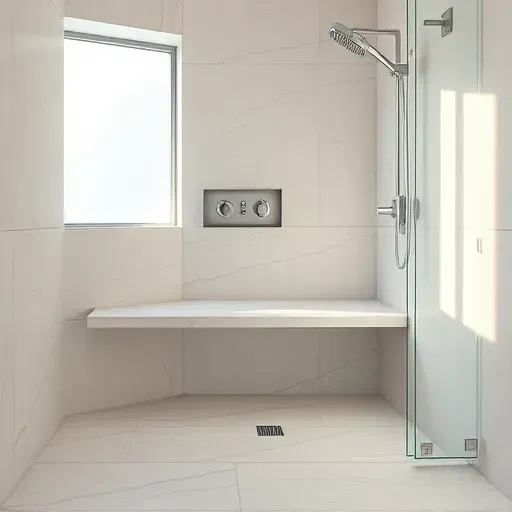 Completed high-end bathroom with natural stone shower bench, sleek fixtures, and neutral tiles in Landenberg PA