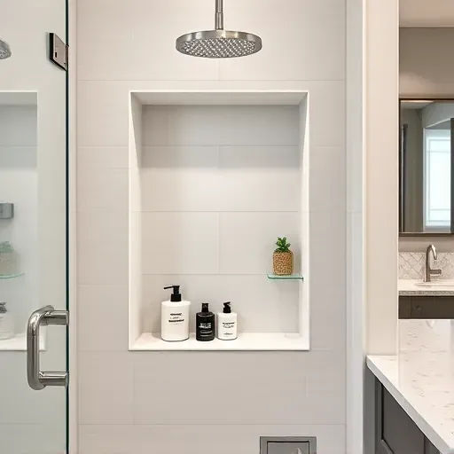 Modern bathroom with a sleek shower niche, matte tiles, polished chrome fixtures, natural light, and minimalist design