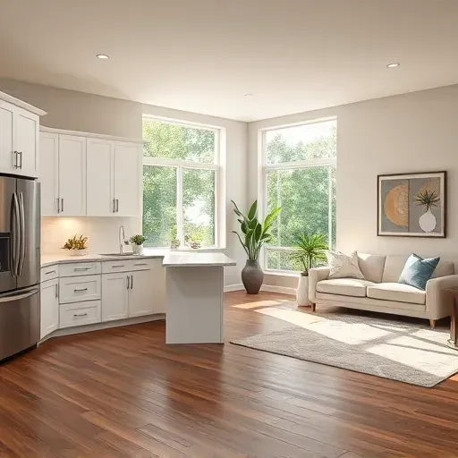 Modern remodeled kitchen and living room in Bear, DE, featuring white cabinetry, quartz countertops, and natural light.