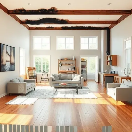 Restored living room in Landenberg PA with new hardwood floors neutral walls charred beams replaced styled furniture and organized tools