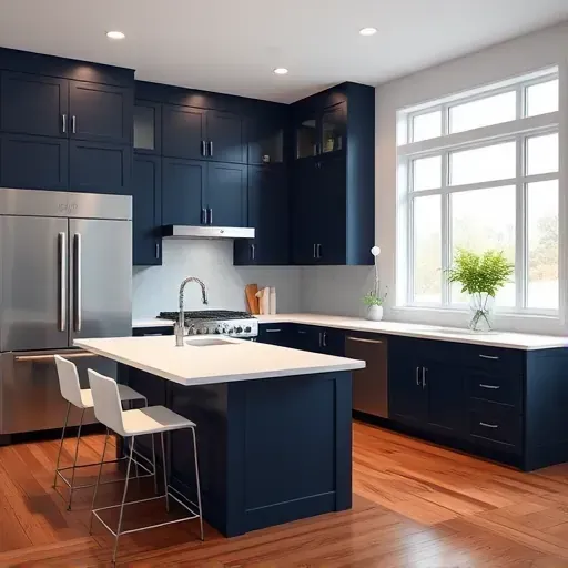 Remodeled kitchen in Landenberg PA with navy cabinetry, white quartz countertops, and natural light enhancing the space.