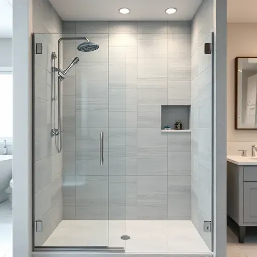 Freshly completed modern shower with sleek gray and white ceramic tiles, chrome fixtures, glass door, and built-in niche in upscale bathroom