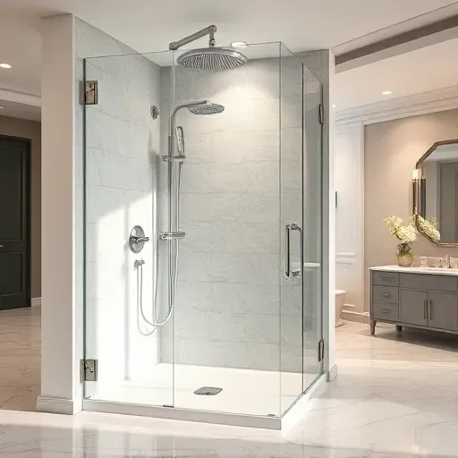 Modern high-end bathroom with sleek glass shower, chrome fixtures, neutral textured tiles, marble floor, elegant decor