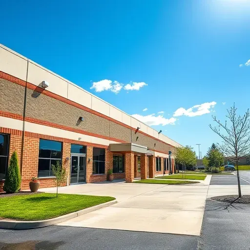 Recently repaired modern industrial building in Landenberg PA with clean lines, brickwork, landscaping, and bright sky