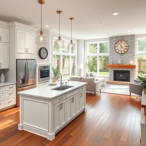 Modern Brookhaven PA kitchen with white cabinetry, granite island, stainless steel appliances, and elegant lighting.