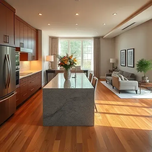 Modern Chadds Ford kitchen remodel with granite countertops, high-end appliances, and spacious open layout, featuring fresh flowers.